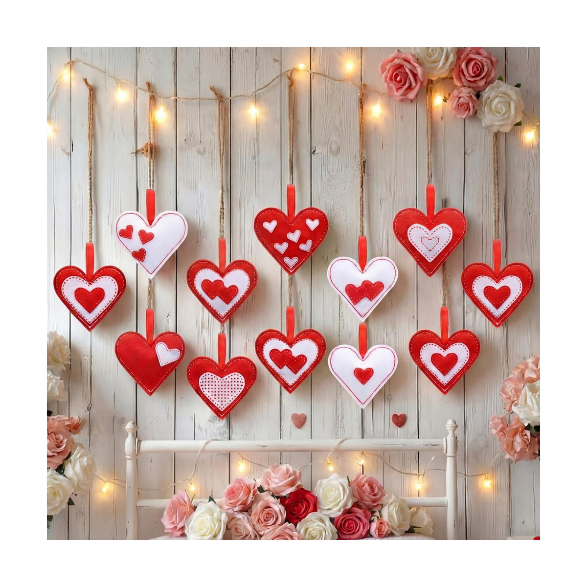 Mindsoft 30 Pcs Valentine Felt Ornaments Heart for Tree 2.4 Inch Valentines Heart Hanging Decorations Red White Hanging Decoration for Valentines Wedding Anniversary Vase Bowl Filler DIY Crafts
