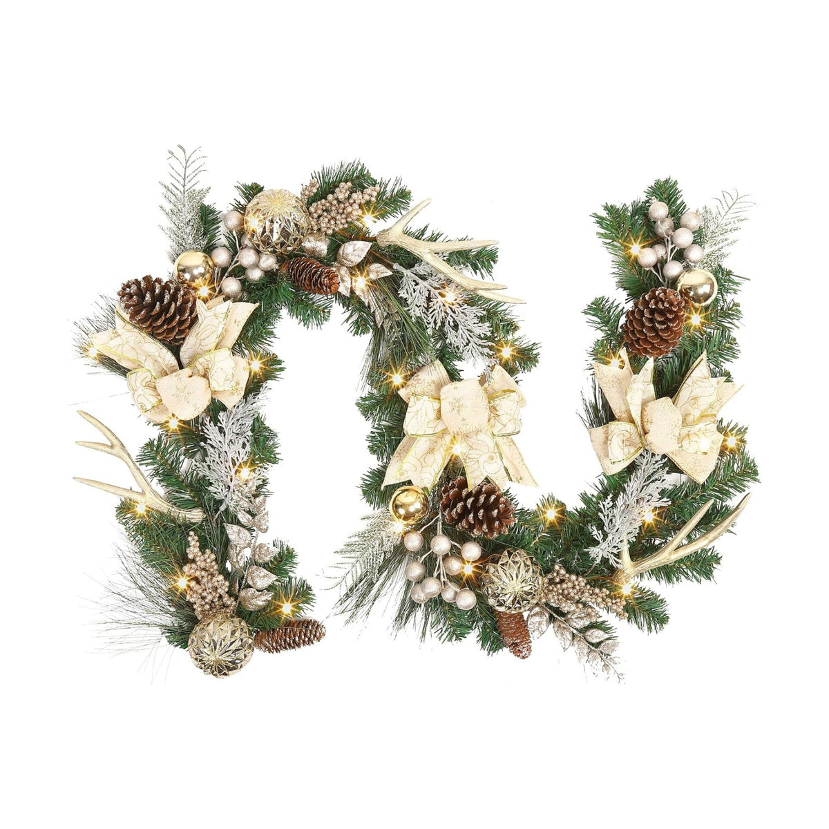Garvee 6 Feet Christmas Garland with Lights for Mantle, Battery Operated Outdoor Christmas Garlands with Antlers Gold