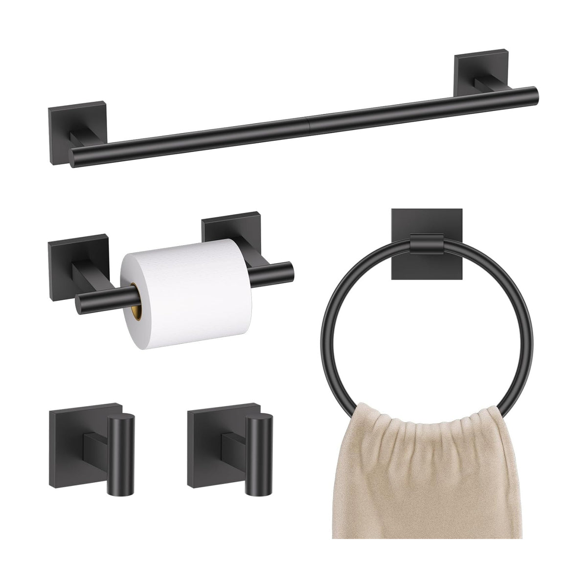 Matte Black Bathroom Hardware Accessories Towel Bar Set 5 Pieces Double Dase Toilet Paper Holder Towel Holder Set 23.6
