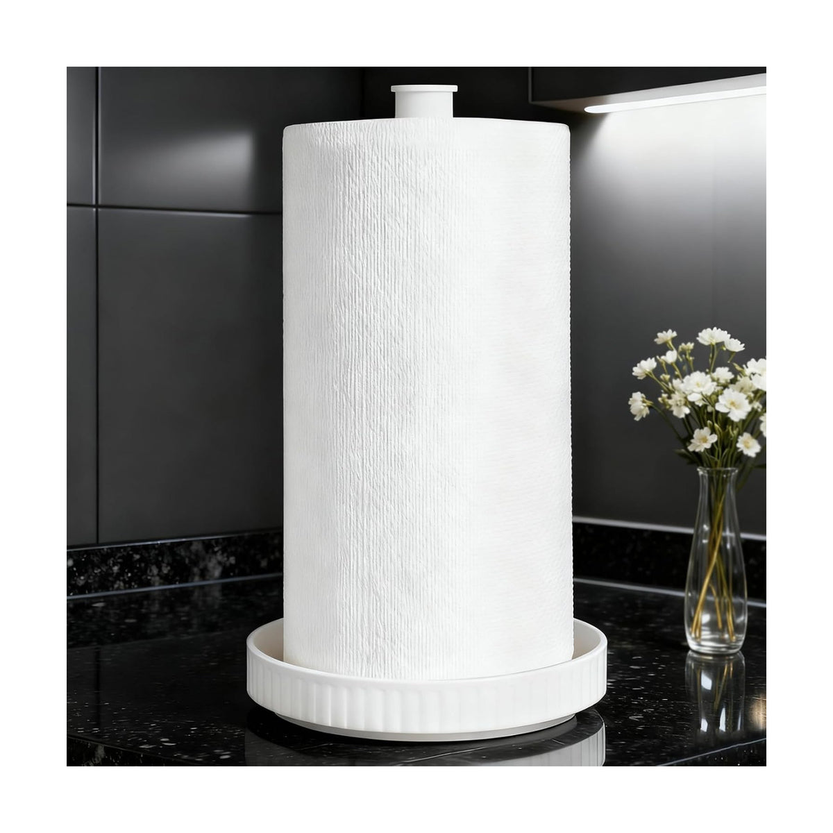 Paper Towel Holder, Ceramic Heavy Plate Base Wobble-Free, Roll Stand-White | Effortless Cleaning and Easy to Assemble