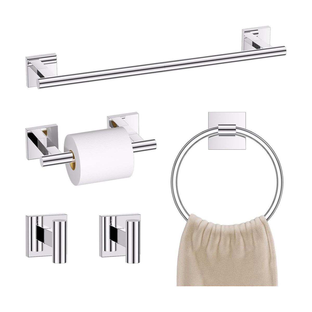 Chrome Bathroom Hardware Towel Bar Set, 5 Pieces Double Dase Toilet Paper Holder Towel Holder Set, 23.6 Inch Stainless