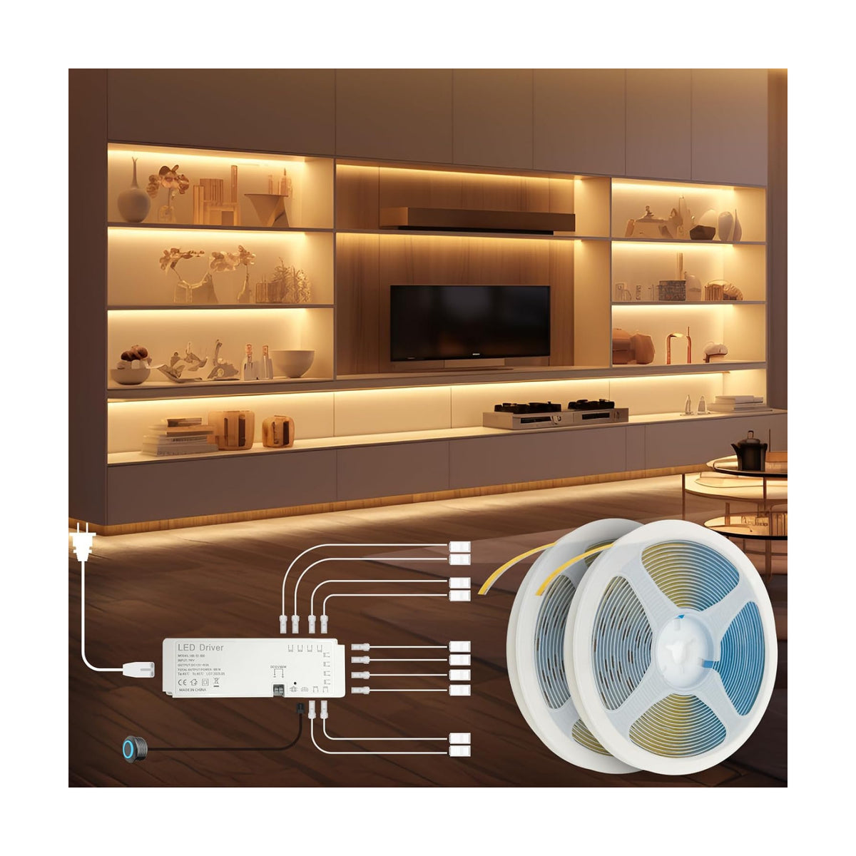 HAMRVL LED Shelf Lights, 12V 32.8ft COB LED Strip Lights Warm White 3000K | Dimmable Cuttable Shelf Lighting LED Lights