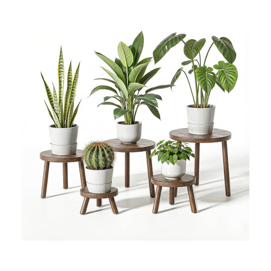 Wood Plant Stands 5-Pack Indoor, Plant Stool, Dark Brown | Premium carbonized pine with moisture-resistant, burr-free