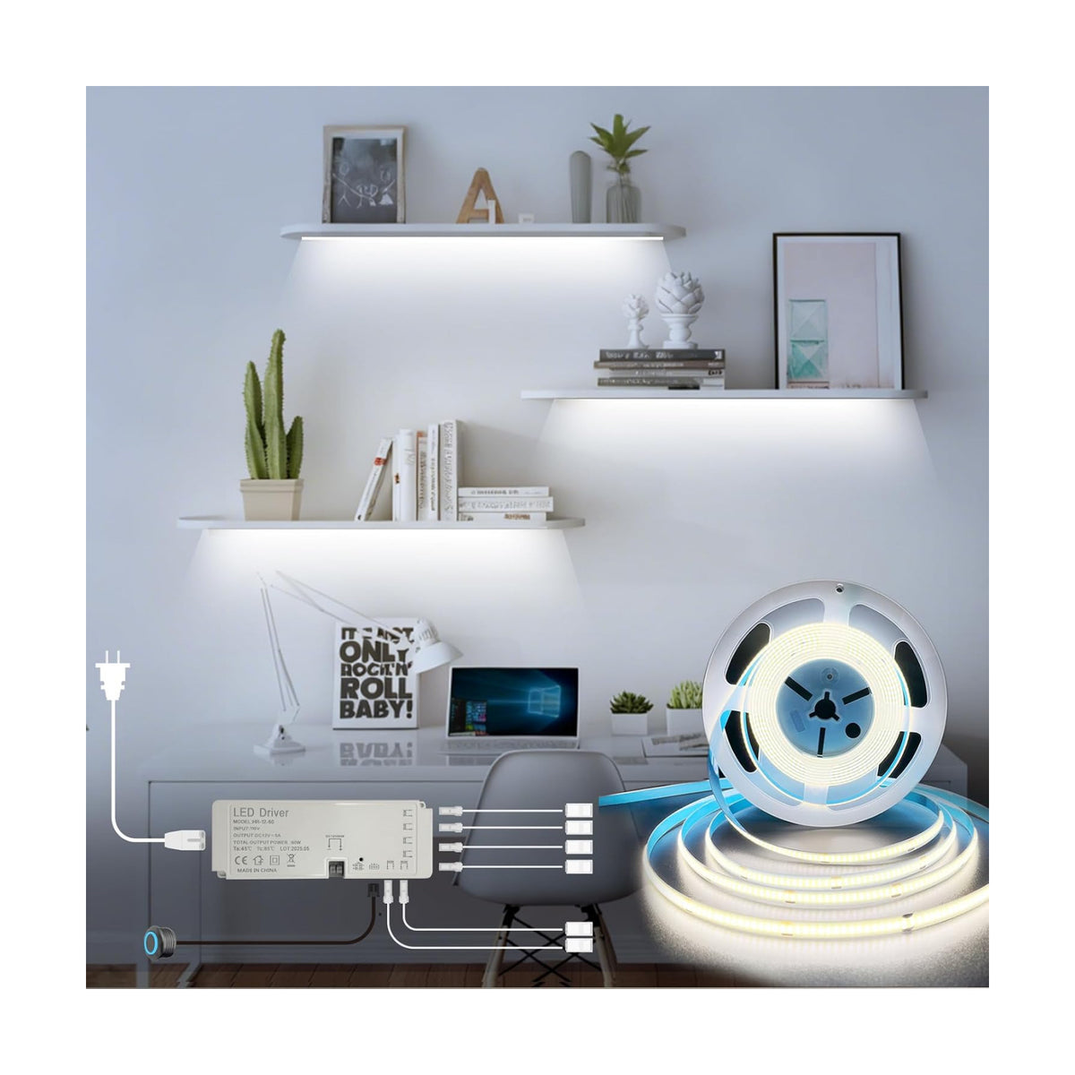 HAMRVL 12V LED Shelf Lights, 16.4ft COB LED Strip Lights Cool White 6000K | Plug-in Dimmable DIY Cut-to-Size Under