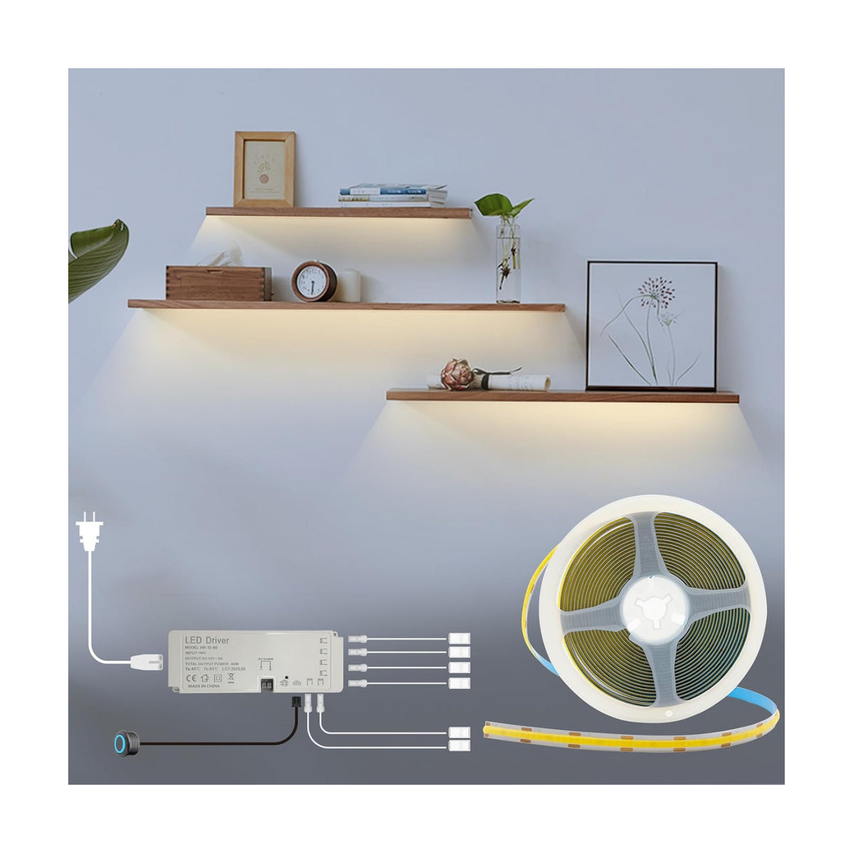 HAMRVL LED Shelf Lights,16.4ft 12V COB LED Strip Lights for Kitchen Cabinet | 4000K Natural White Plug-in DIY