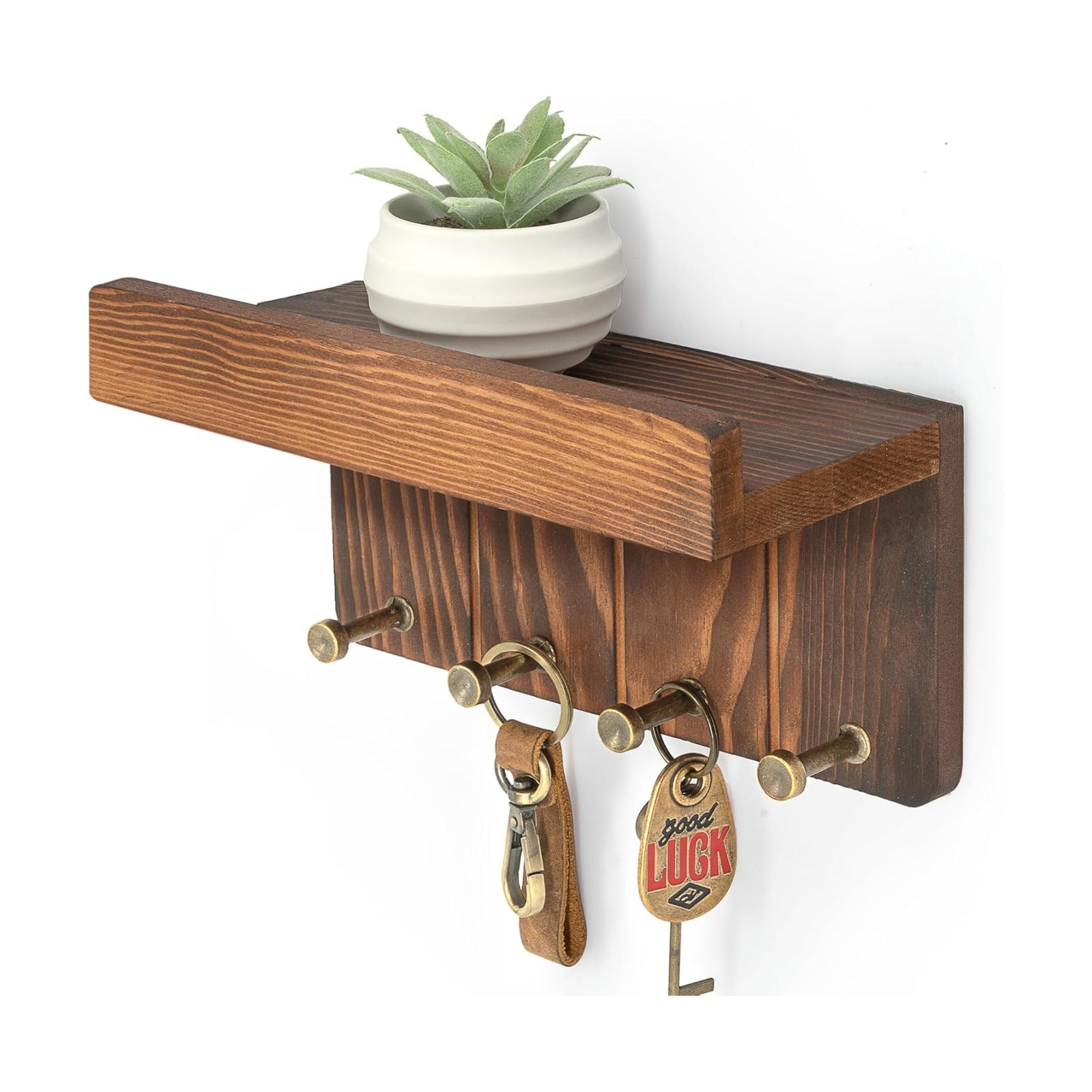 4 Hooks & Floating Shelf / Retro Brown / Small - 8 Inch