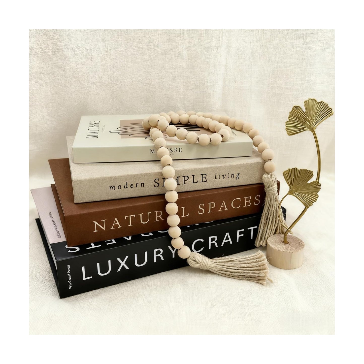 Decorative Book w/Wood Knot & Ginkgo Leaf Statue / Gold / Set of 4