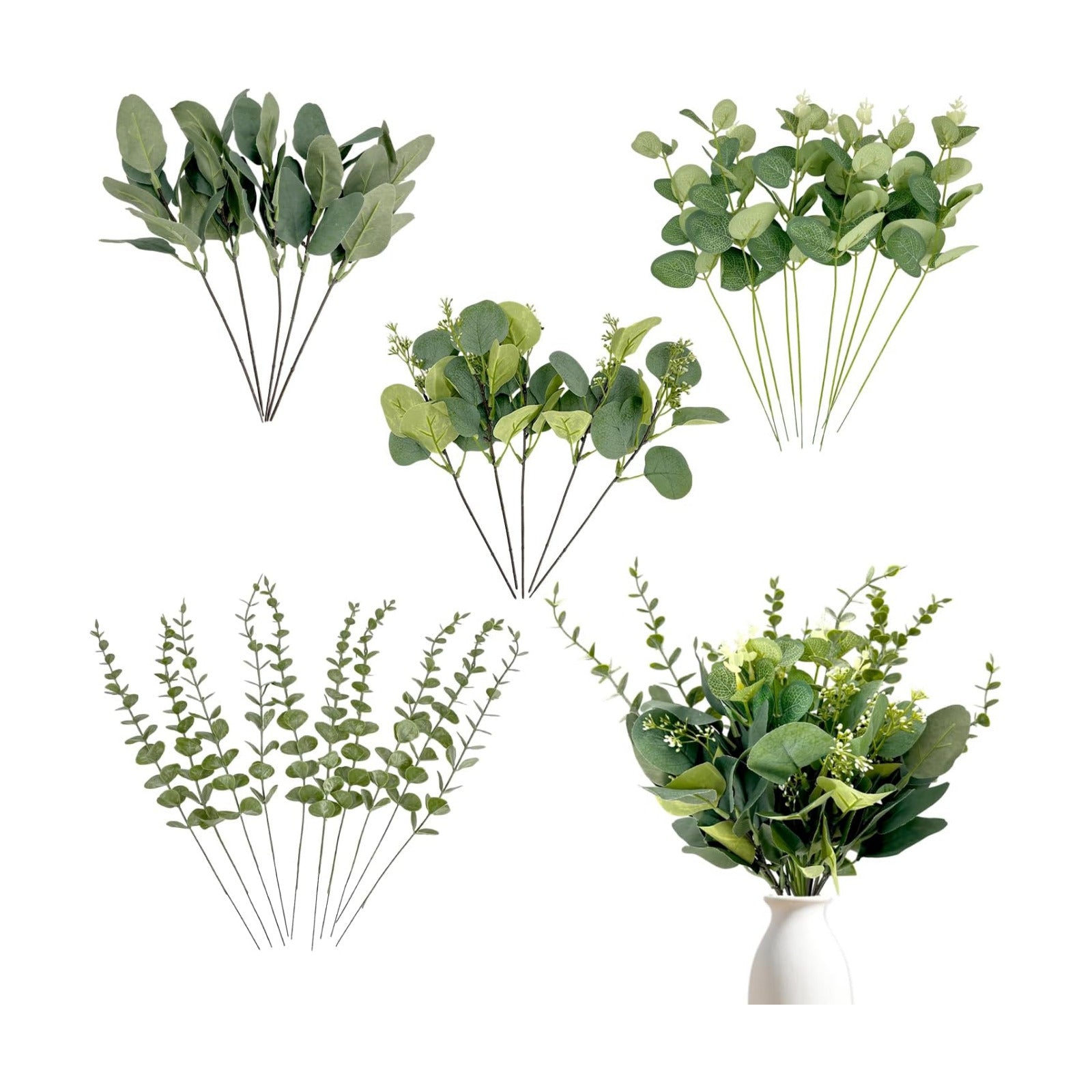 4 Kinds Mixed Artificial Dollar Eucalyptus Greenery Branches / Silver / Set of 30