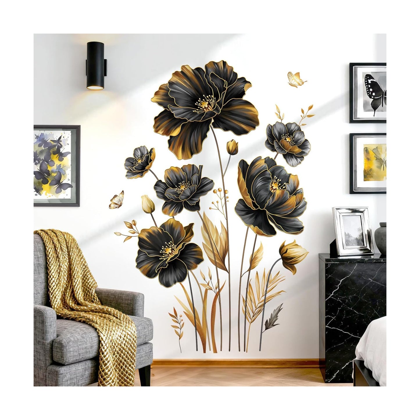 Large Gold Flower Wall Stickers Floral Gold Leaves Plants Butterfly Wall Decals Bedroom / Black