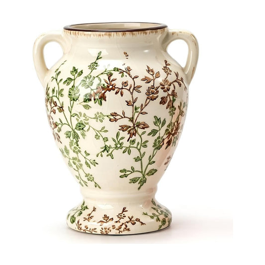 Rustic Ceramic Vase / Beige and Green- 7.78