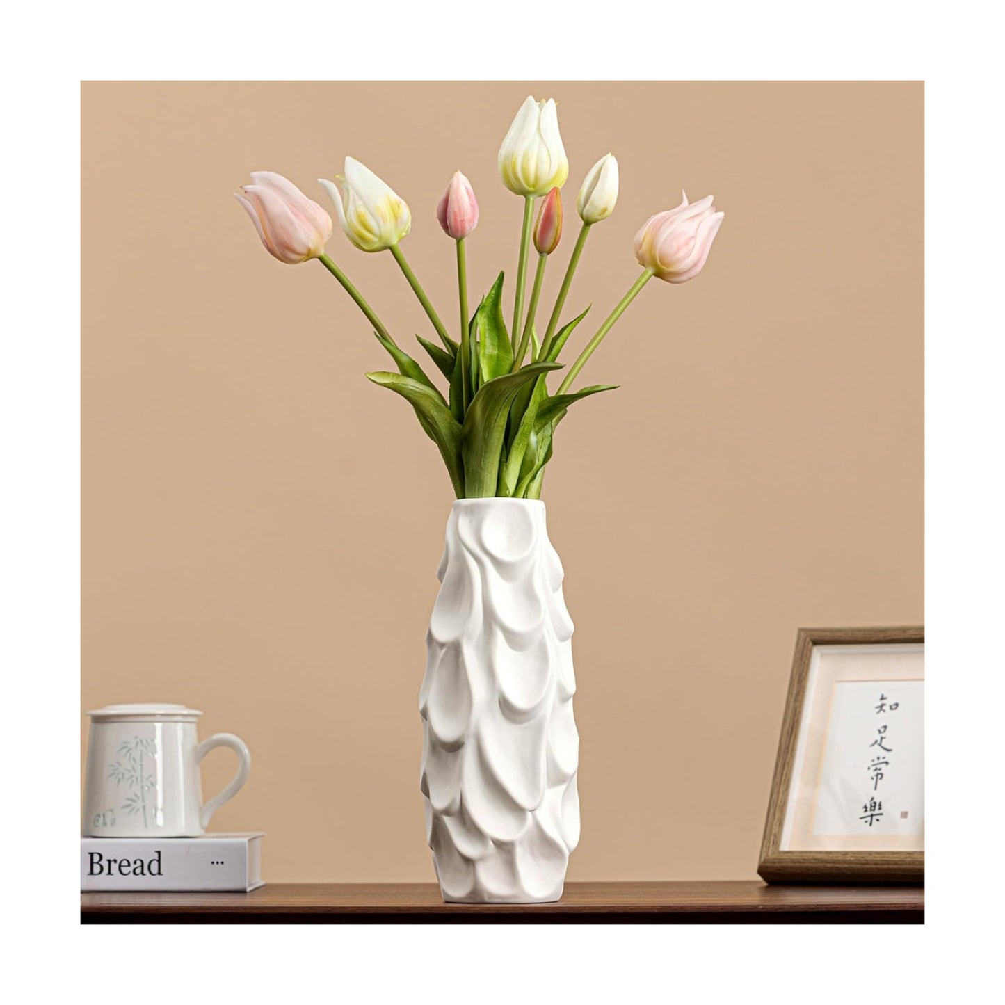10.5" Unique Flower Vase / Scalloped Scale Vase / White