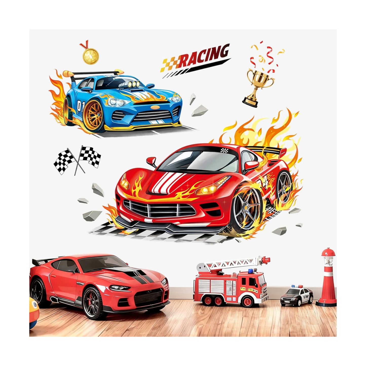 3D Racing Car Wall Decals Blue Sports Car Trophies Flags Wall Stickers Boys Room Kids Bedroom / Red