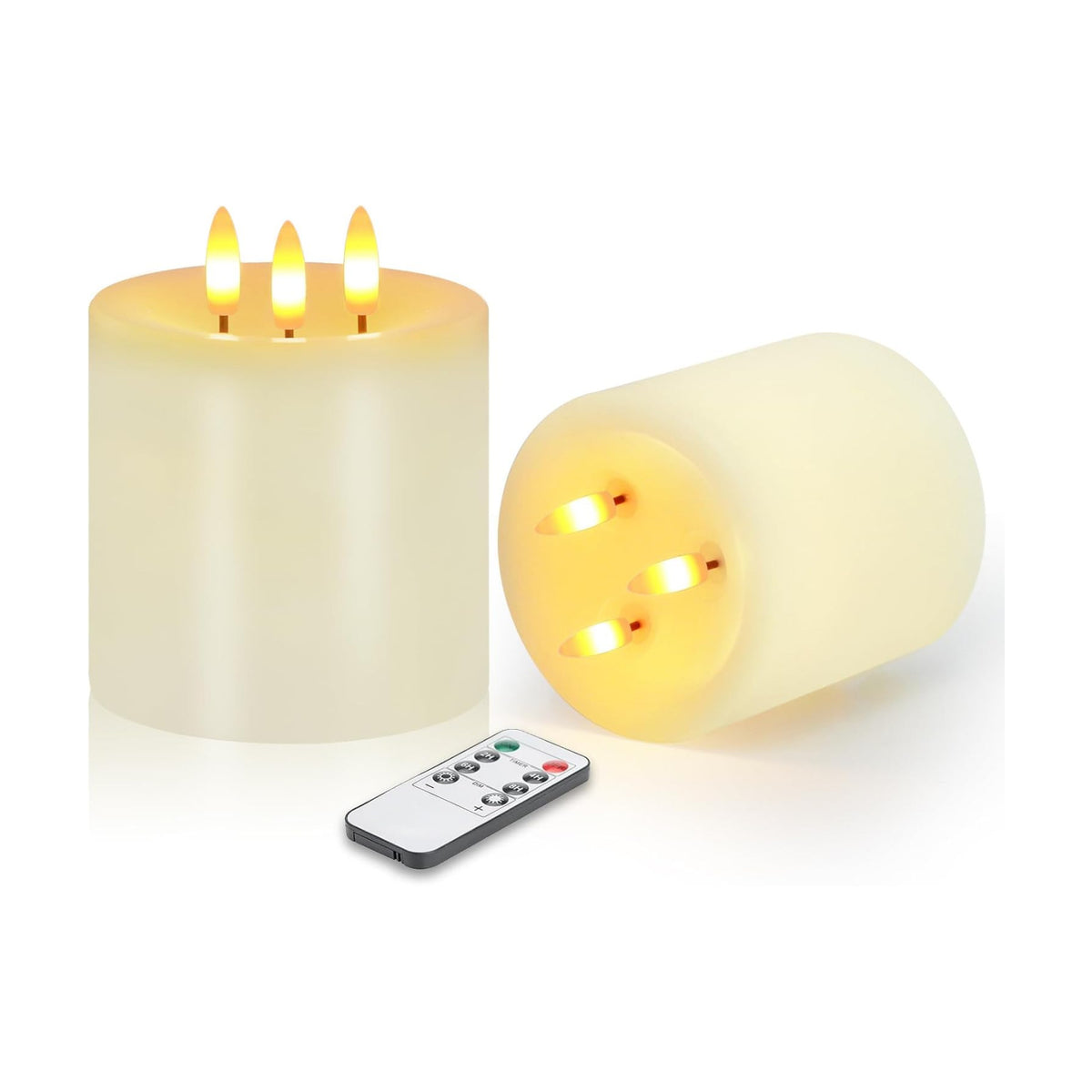 3 Wick Flameless Candles Set of 2, 4"x4" Flickering Large Flameless Candles with Remote & Timer, Dimmable Real Wax