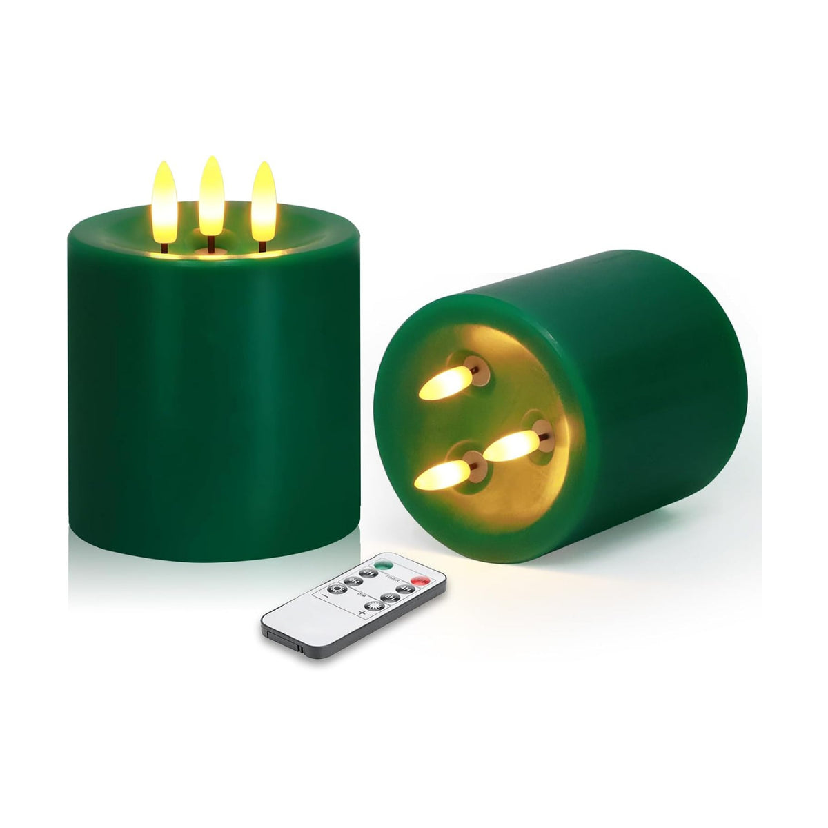 Large 3 Wick Flameless Candles Set of 2, 4"x4" Flickering LED Candles with Remote & Timer, Dimmable Real Wax Pillar