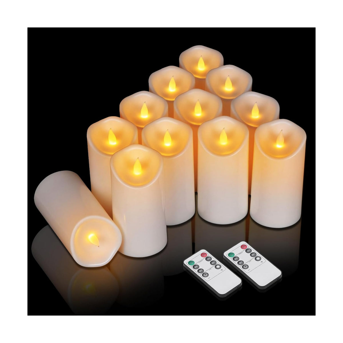 Bulk Set of 12 Outdoor Flameless Candles, Patented 3D Dual-LED Resin Pillars with 2 Remotes, Pure White Waterproof
