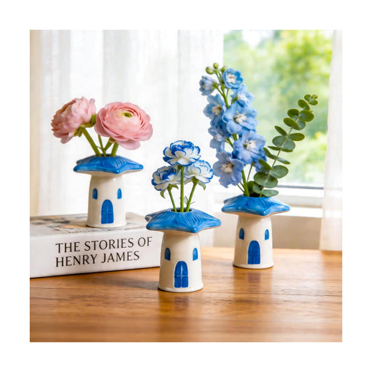 House Ceramic Bud Vase / Birdhouse Bud Vase / Blue / Set of 3