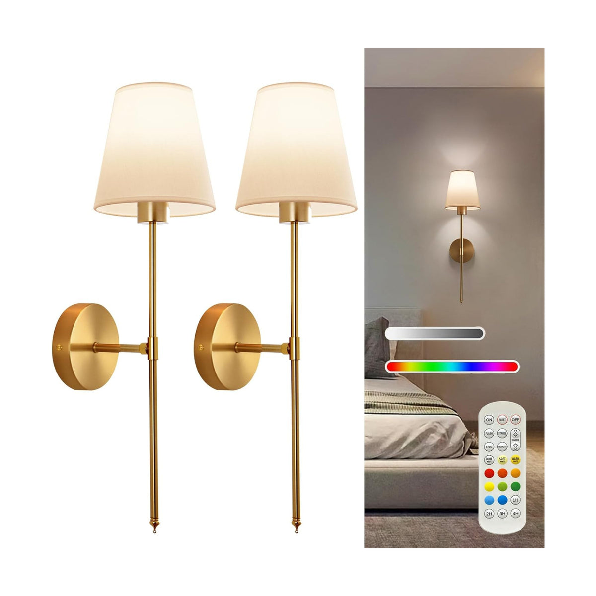 Battery Operated Wall Sconce Set of 2, Gold Rechargeable Wireless Wall Lights with Remote - Dimmable RGB LED Bulbs, 13