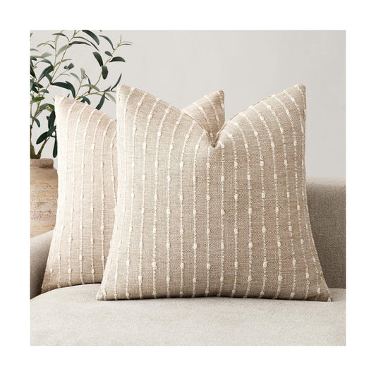 Decorative Jacquard Boucle Throw Pillow Covers Accent Textured / 18 x 18 / Natural Beige / Set of 2