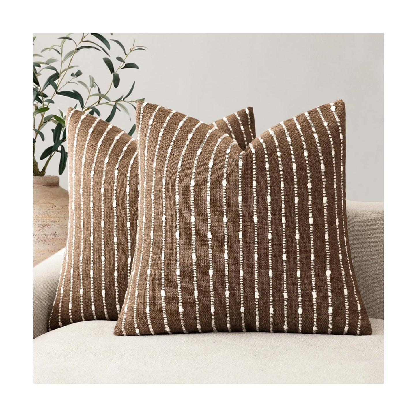 Decorative Jacquard Boucle Throw Pillow Covers Accent Textured Striped / 18 x 18 / Brown / Set of 2