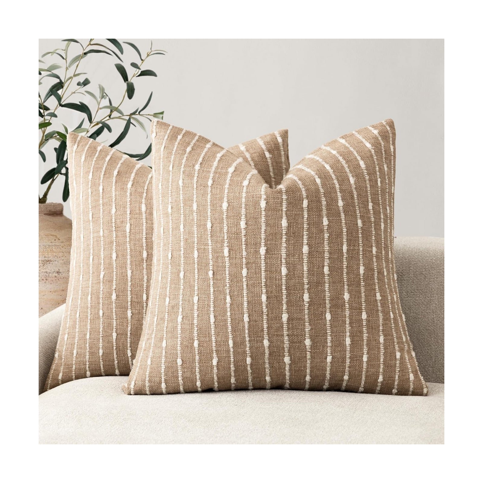 Decorative Jacquard Boucle Throw Pillow Covers Accent Textured Striped / 18 x 18 / Camel / Set of 2