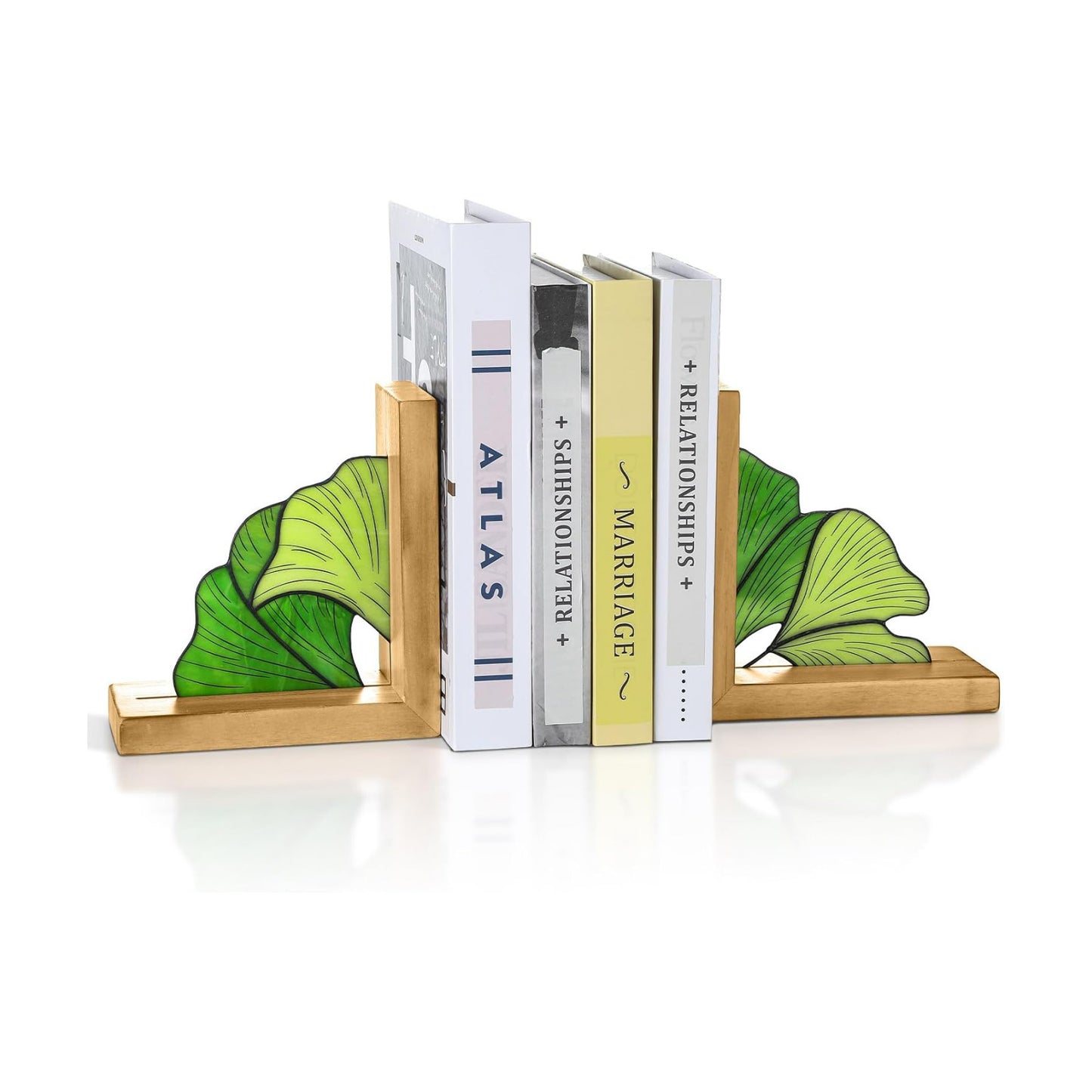 Oak Wood Base Stained Glass Novelty Bookends Organizer Book Ends / Ginkgo Leaves / Green