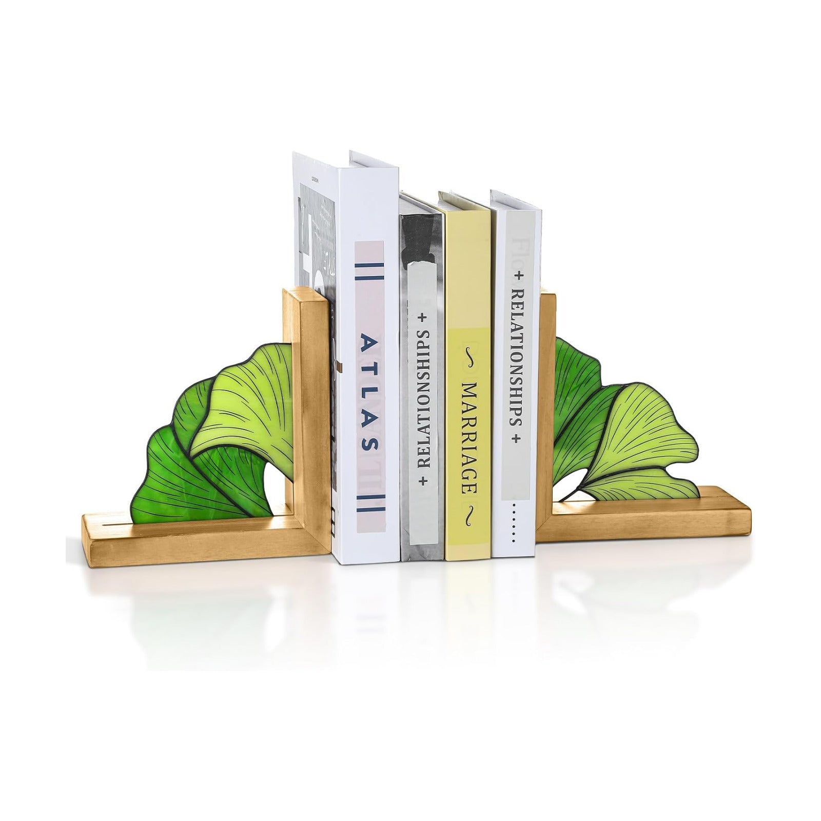 Oak Wood Base Stained Glass Novelty Bookends Organizer Book Ends / Ginkgo Leaves / Green