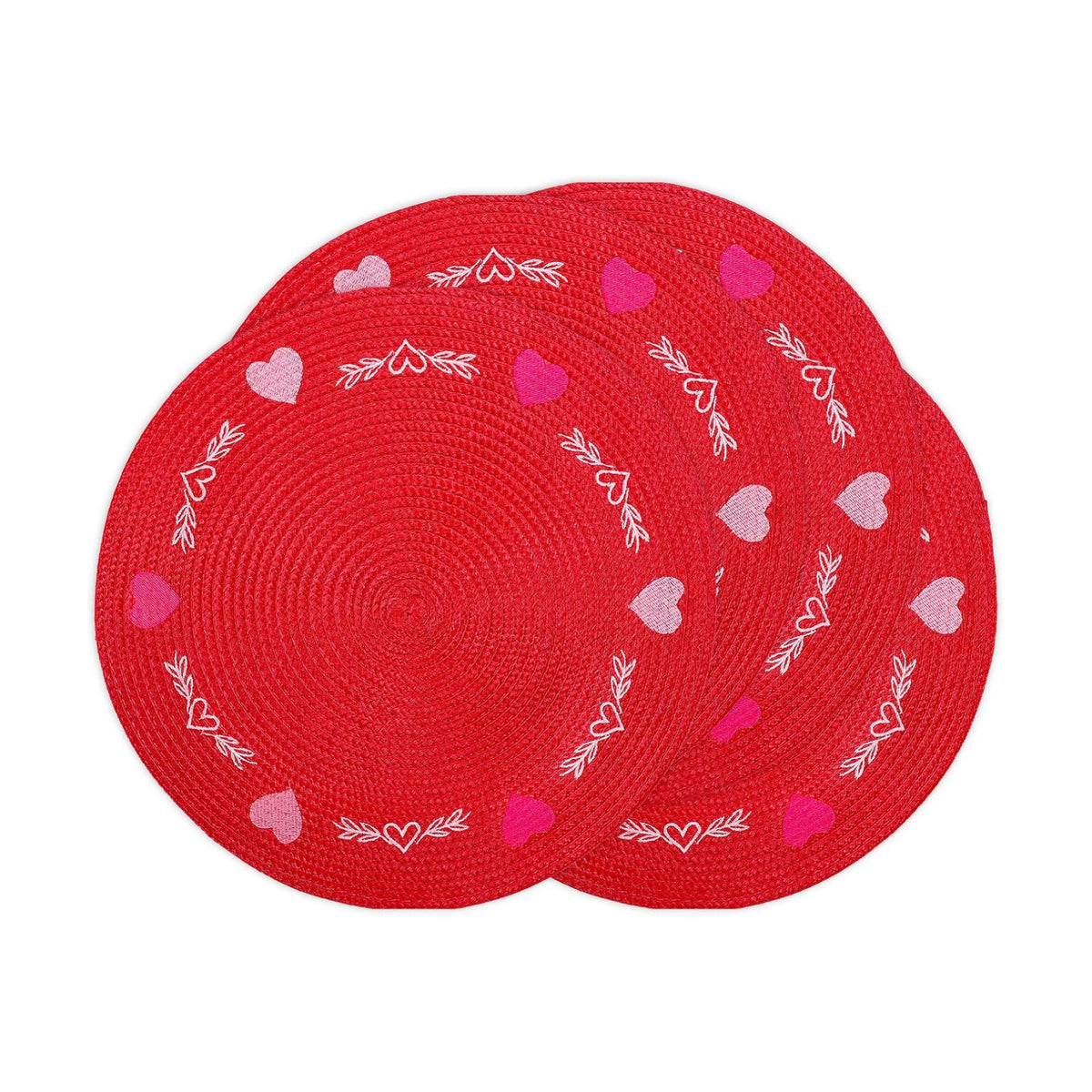 Whaline 4 Pcs Round Valentine's Day Red Pink Placemats Embroidered Place Mats Love Heart Table Mat Decorative Dinner Table Mats for Home Wedding Anniversary Party Decor