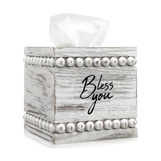 Rustic Farmhouse Vintage Wooden Tissue Holder Box Distressed Napkin / White