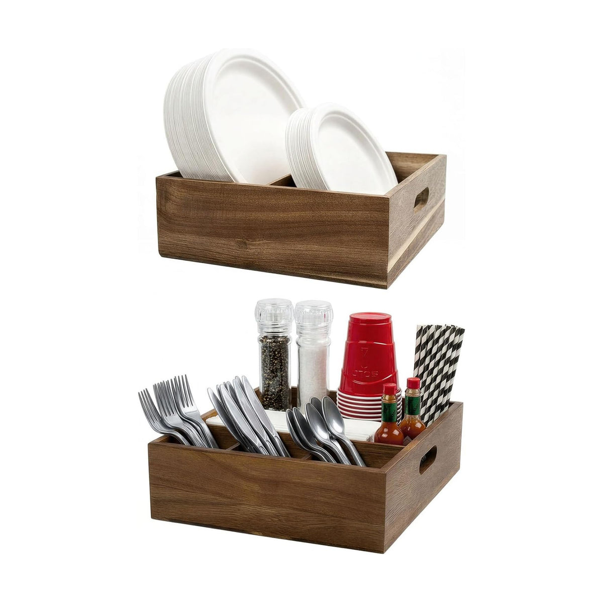 Acacia Wood Utensil Holder for Party -Nested Set of 2(Large 11" x 9.5" Plate Holder & Small 10" x 9" Utensil Caddy)