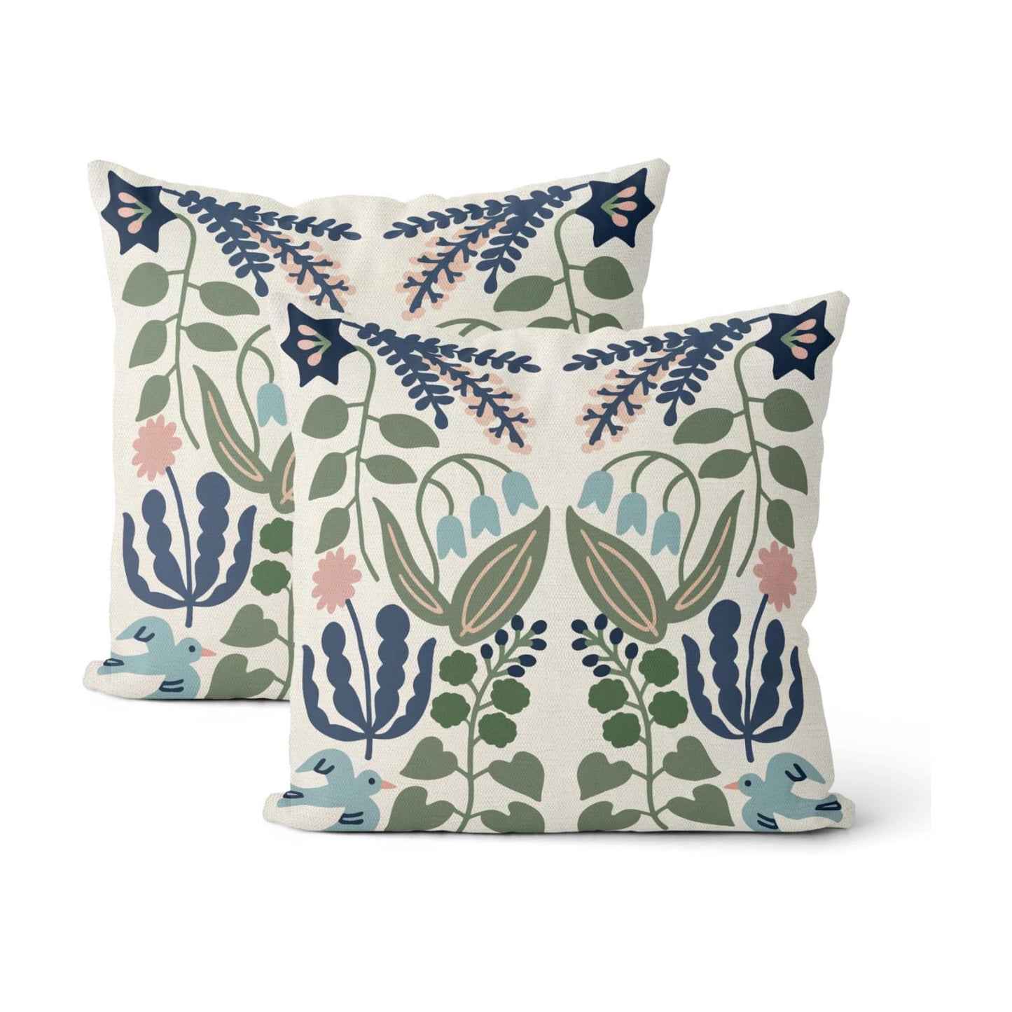 Navy Blue Boho Pillow Covers Sage Green Floral Decor / 18 x 18 / Blue Green Boho Floral / Set of 2