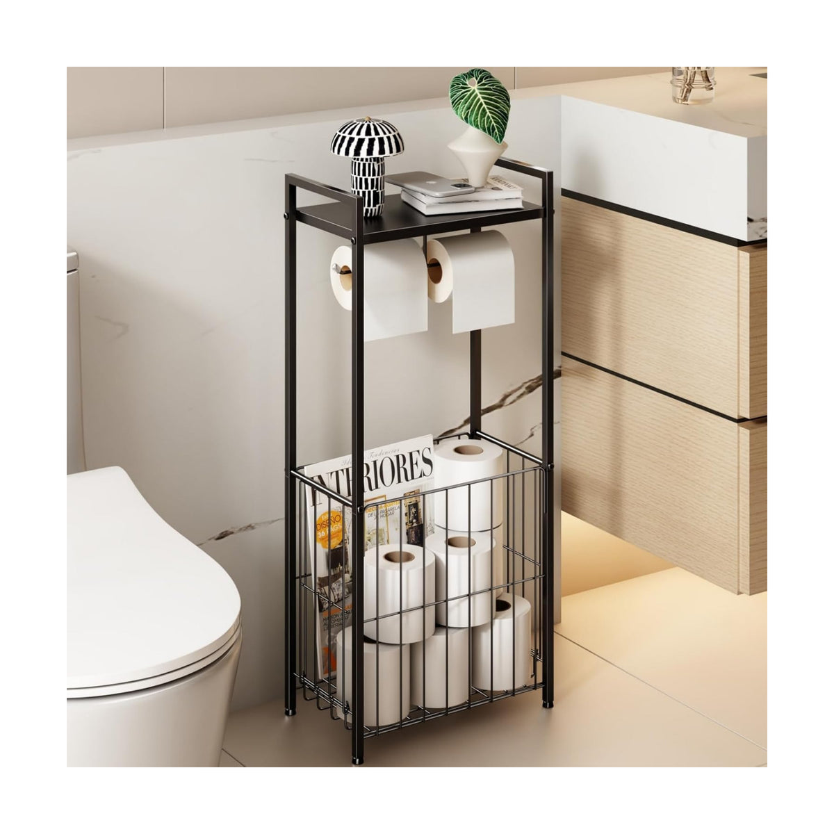 VOLDRA Toilet Paper Holder Stand with Storage Shelf, Free Standing Toilet Paper Roll Holder with Large Basket Heavy