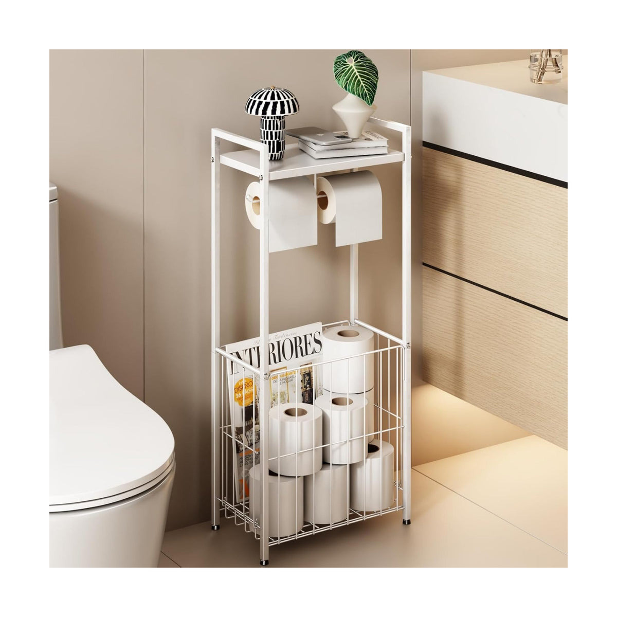 VOLDRA Toilet Paper Holder Stand with Storage Shelf, Free Standing Toilet Paper Roll Holder with Large Basket Heavy