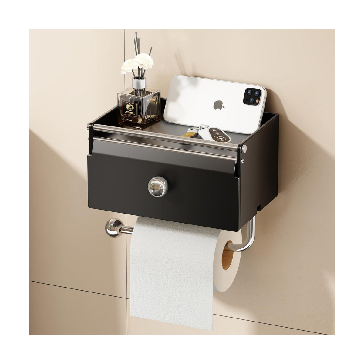 Voldra Toilet Paper Holder with Shelf, Flushable Wipes Dispenser for Bathroom, Adhesive Toilet Paper Roll Holder with