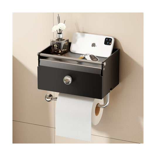 Voldra Toilet Paper Holder with Shelf, Flushable Wipes Dispenser for Bathroom, Adhesive Toilet Paper Roll Holder with