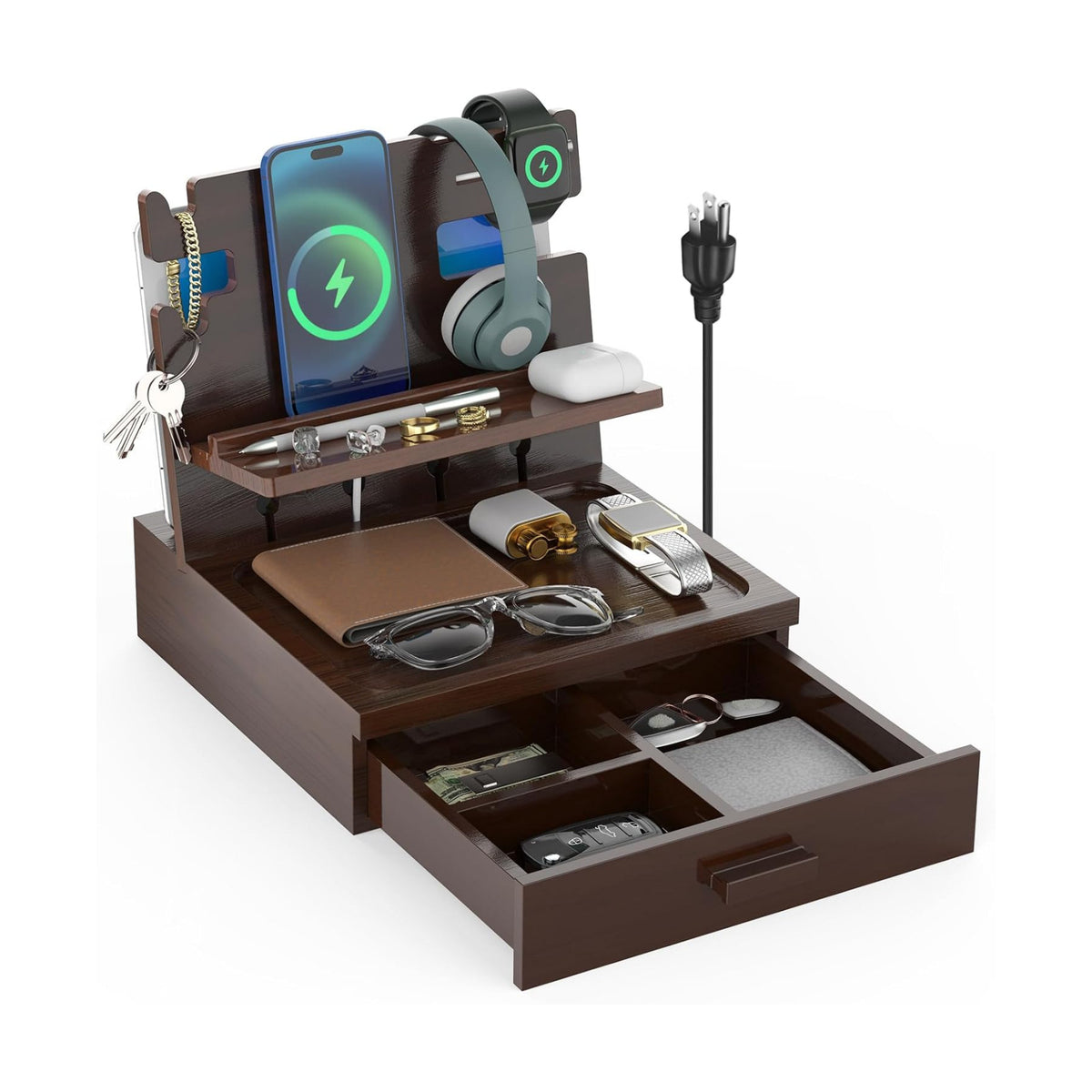 Nightstand Organizer for Men with Drawer, Wood Docking Station (Brown) | Wood Docking Station with USB Ports and AC