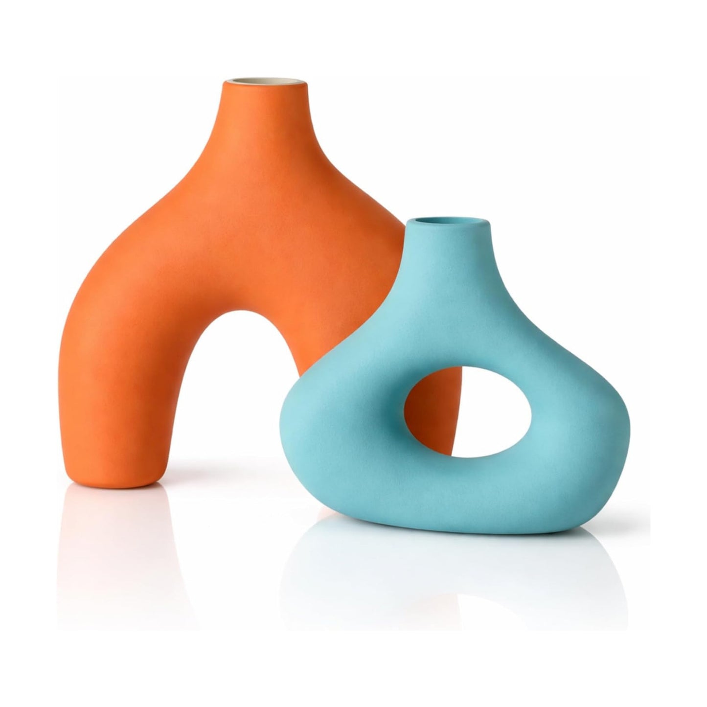 Mid Century Modern Decor Ceramic Donut Vases / Orange Blue / Set of 2