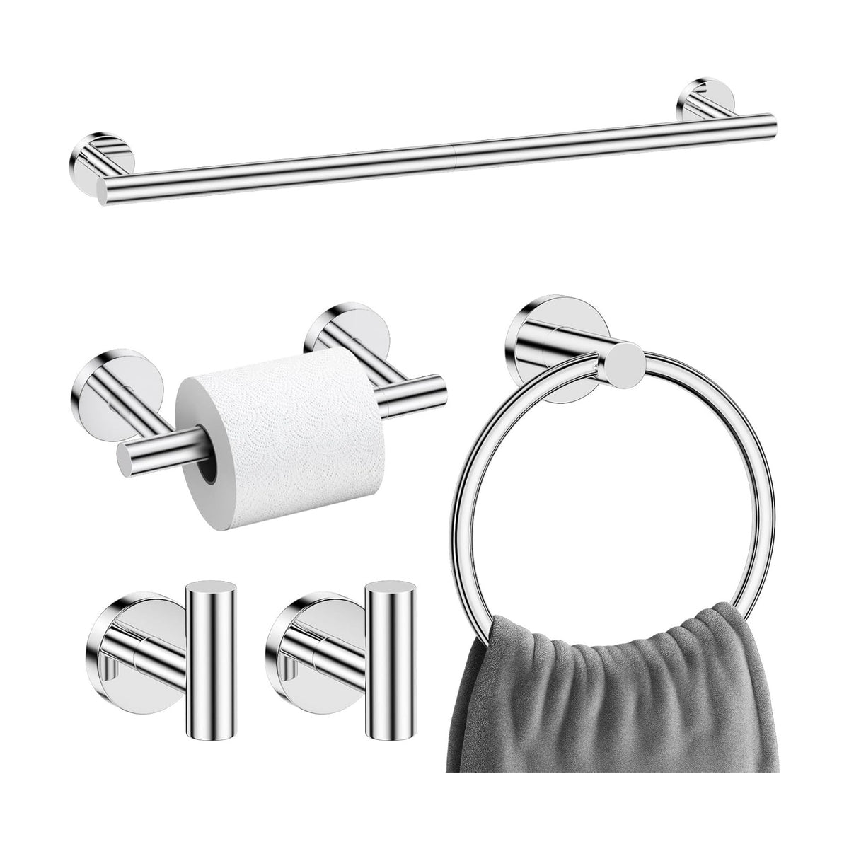 Polished Chrome Towel Bar Bathroom Hardware Accessories Set, 5 Pieces Toilet Paper Holder Towel Racks Set for Bathroom