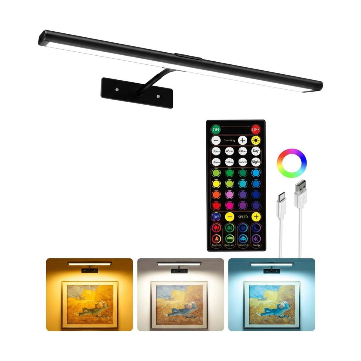EZVALO Picture Light for Wall, 4800mAh Rechargeable Wireless Black Lights for Painting, 16In Dimmable Magnetic LED RGB