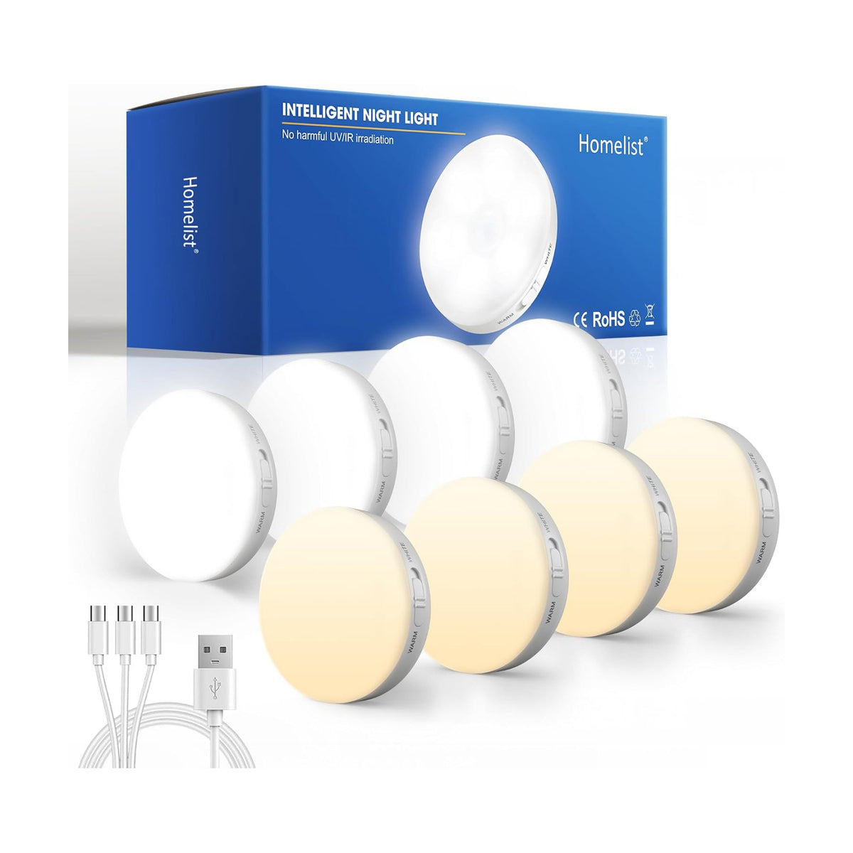 Homelist 8 Pack Motion Sensor Lights Indoor, Rechargeable Wireless LED Puck Lights, Battery Operated Motion Sensor