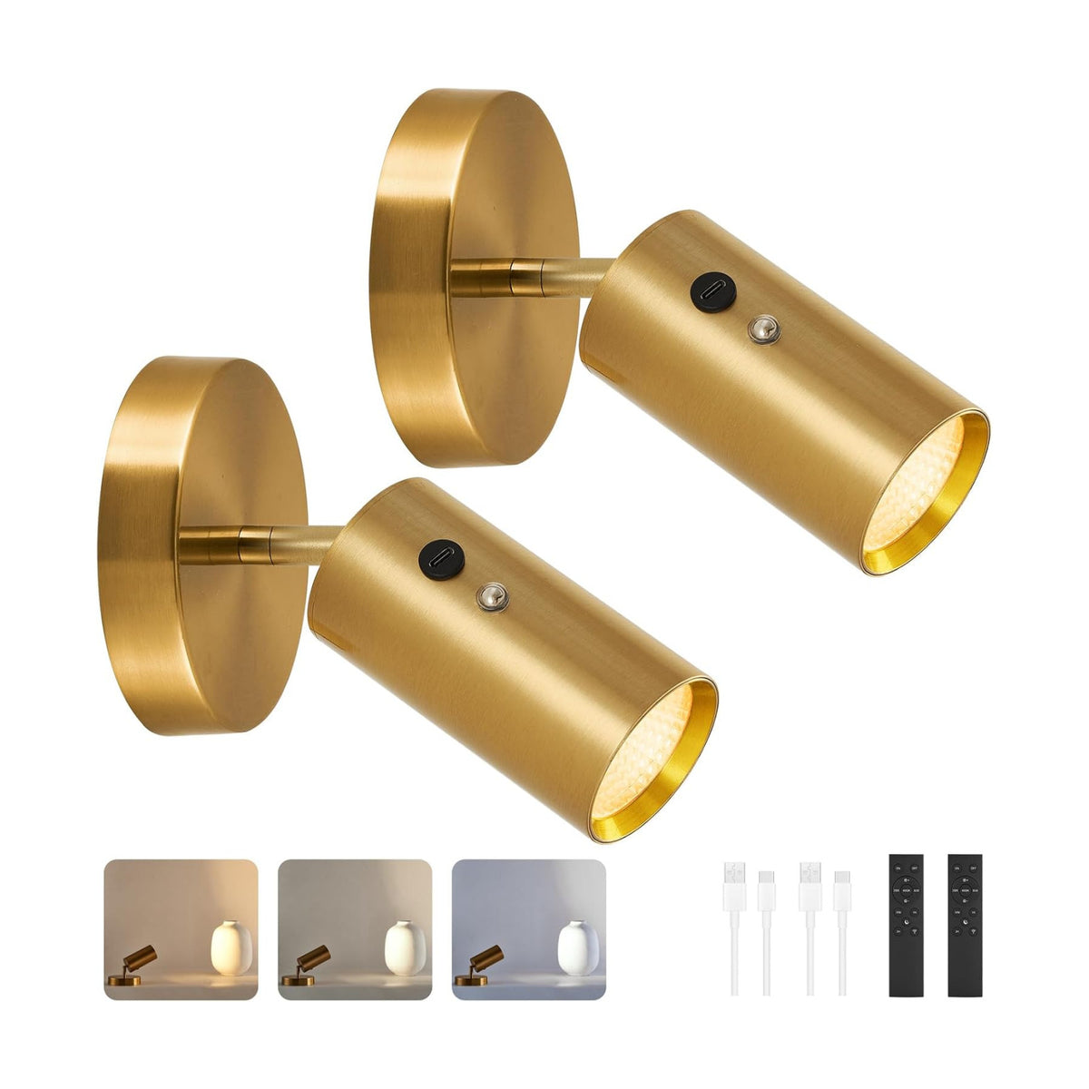 2 Pack Gold Wireless Led Spotlights Indoor with Remote, 8000mAh Cordless Battery Operated Plant Uplights, Rechargeable