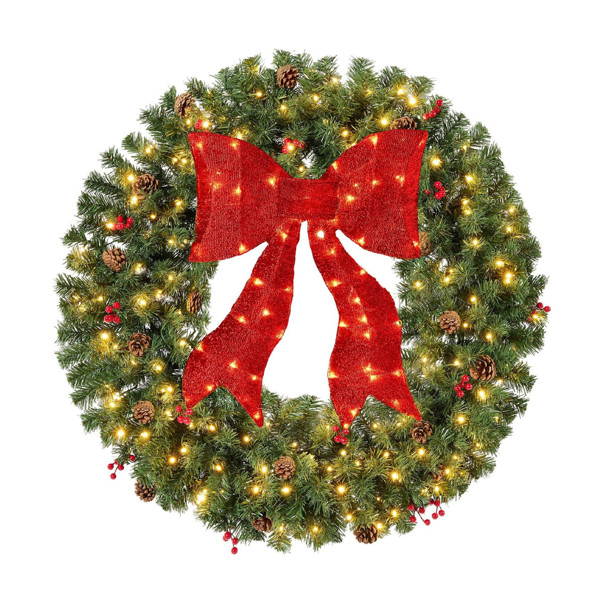 Best Choice Products 36in Pre-Lit Christmas Wreath w/Berries & Pinecones, Large Artificial Indoor/Outdoor Decor for Door, Mantel w/Red Bow, Plug-in