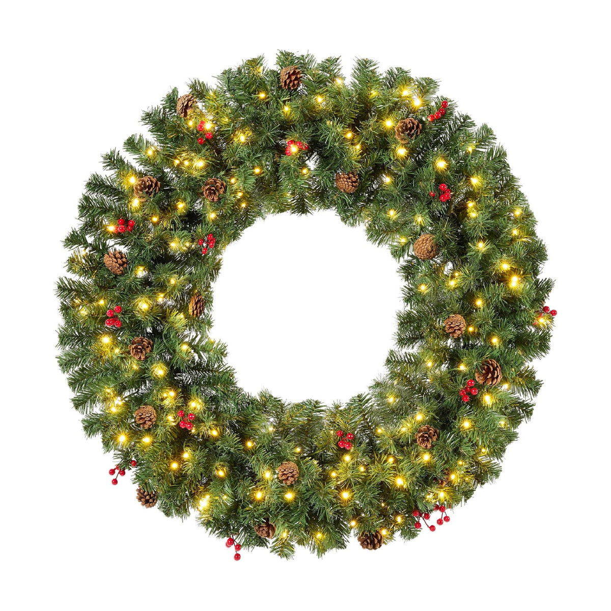 Best Choice Products 30in Pre-Lit Christmas Wreath w/Berries & Pinecones, Large Artificial Indoor/Outdoor Decor for Door, Mantel, Plug-in
