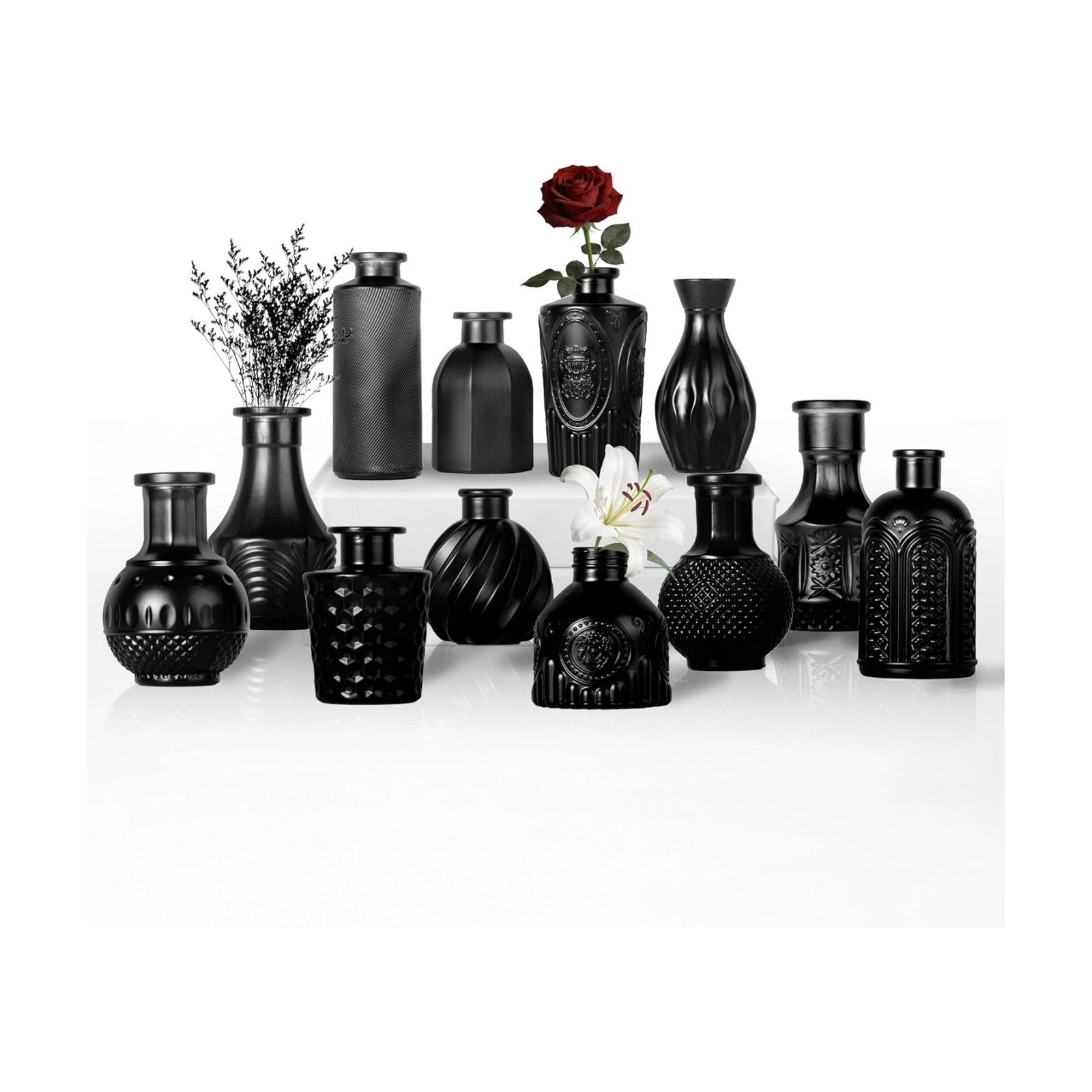 Clear Bud Vases for Flowers / Black / Set of 12