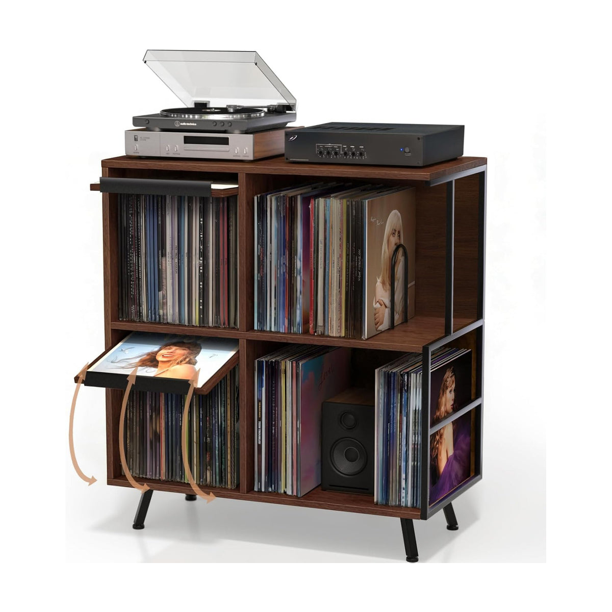 Faesun 3 Tier Record Player Stand with Flip-Down Record Shelf, Walnut | Vinyl Record Storage Holds up to 300+ Albums