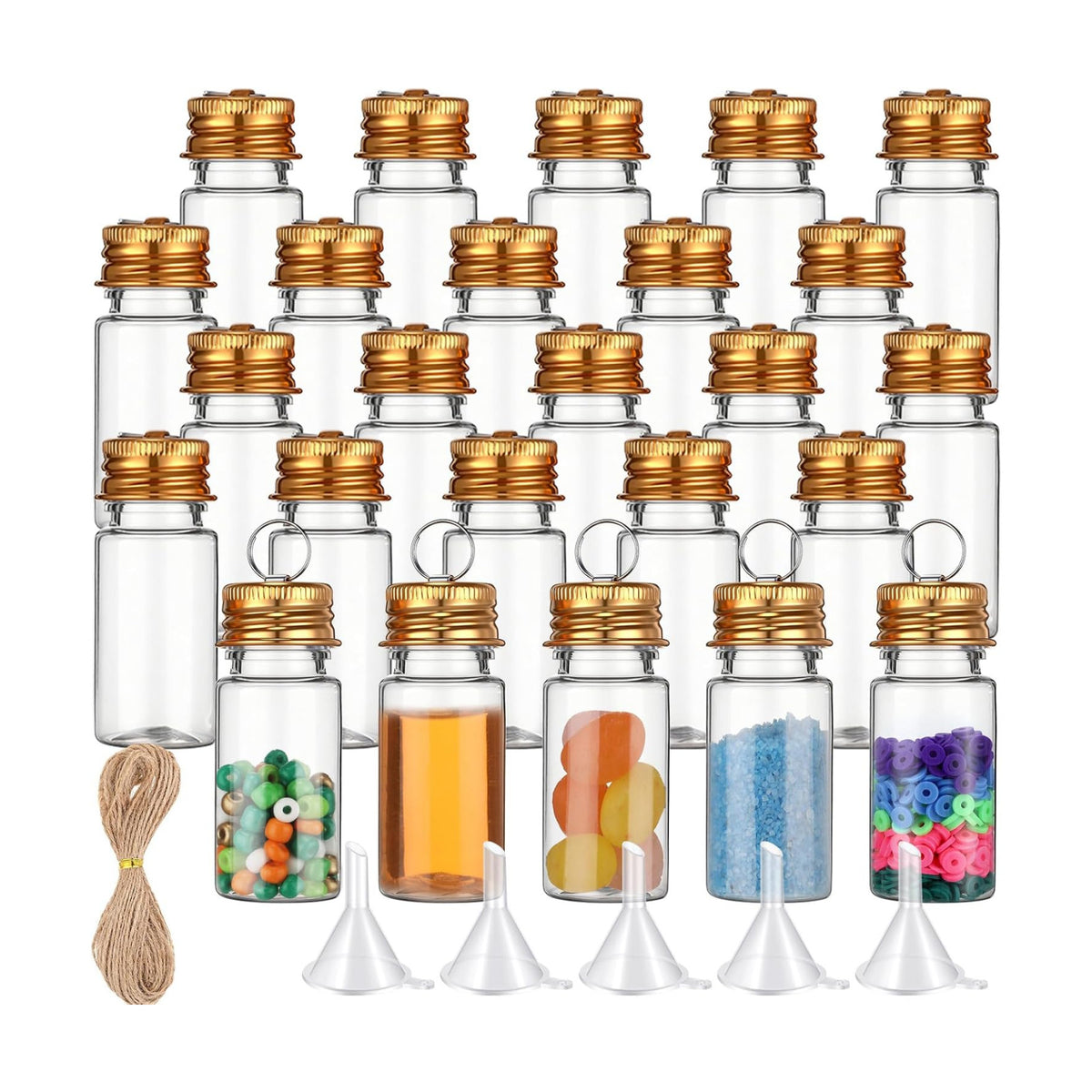 Bokon 25 Set 10ml Mini Plastic Bottles with Ring Lids, Eye Screws, Funnels