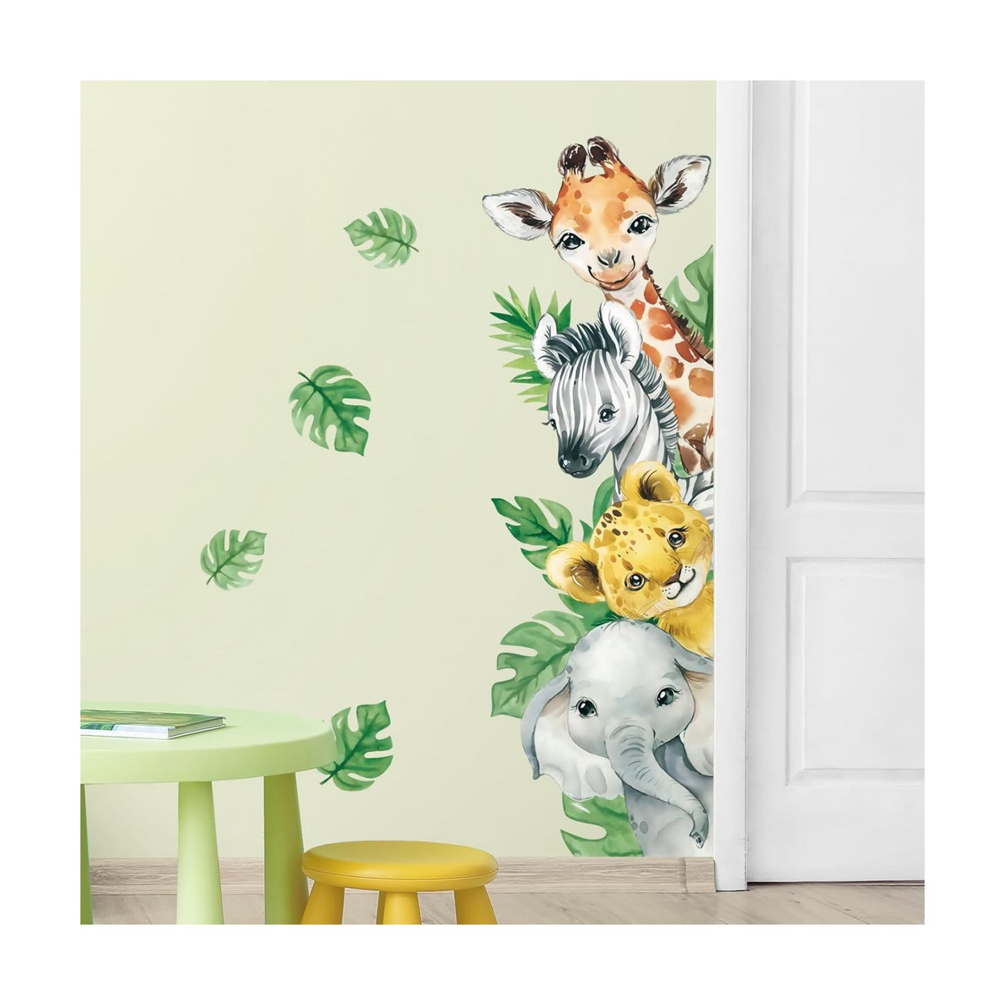 in Watercolor Jungle Animal Wall Stickers Cartoon / Vertical-4 Animals Right / Green / 45 x 23