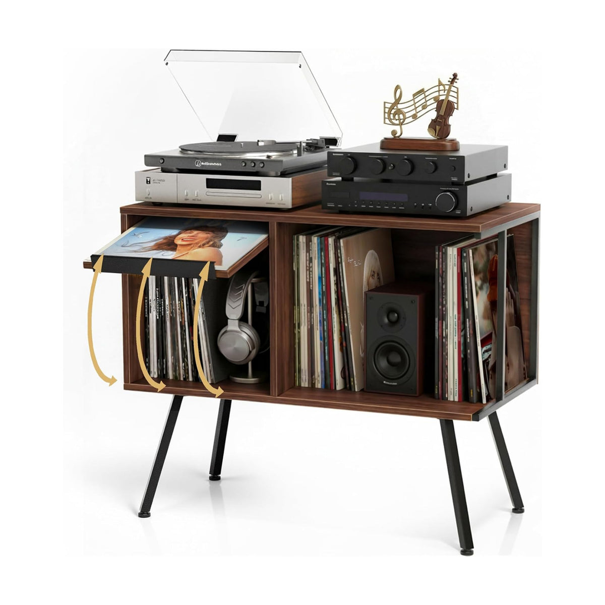 Faesun Record Player Stand with Flip-Down Record Shelf, Walnut | Vinyl Record Storage Holds up to 150+ Albums