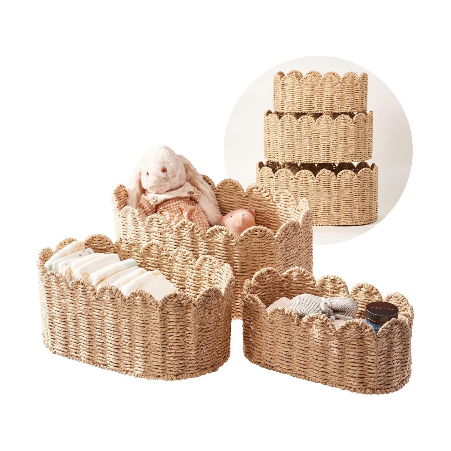 Scalloped Basket / Wicker Storage Baskets / Set of 3