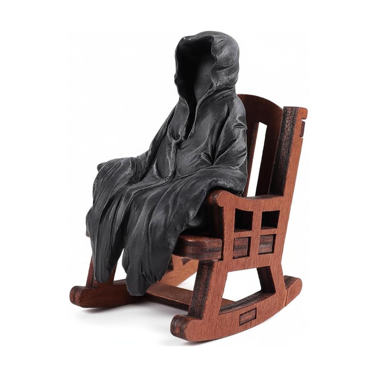 Grim Reaper Statue on Rocking Chair, Cute Miniature The Suriel Decor for Bookshelf, Spooky Goth Decor Home Shelf Sitter Figurine, Funny Resin Knick Knacks for Desk & Office (Black)