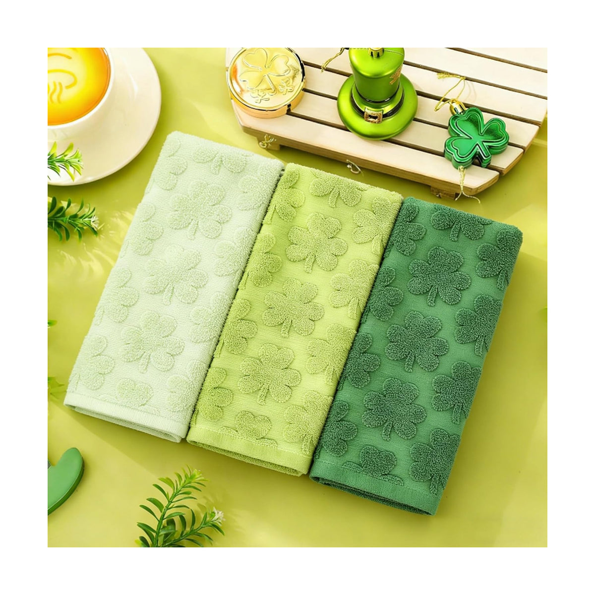 Whaline 3 Pcs St. Patrick's Day Hand Towel 3D Jacquard Cotton Towel Absorbent Green Shamrock Clover Dish Towels for Irish Holiday Kitchen Bathroom, 13.8 x 29.5 Inch